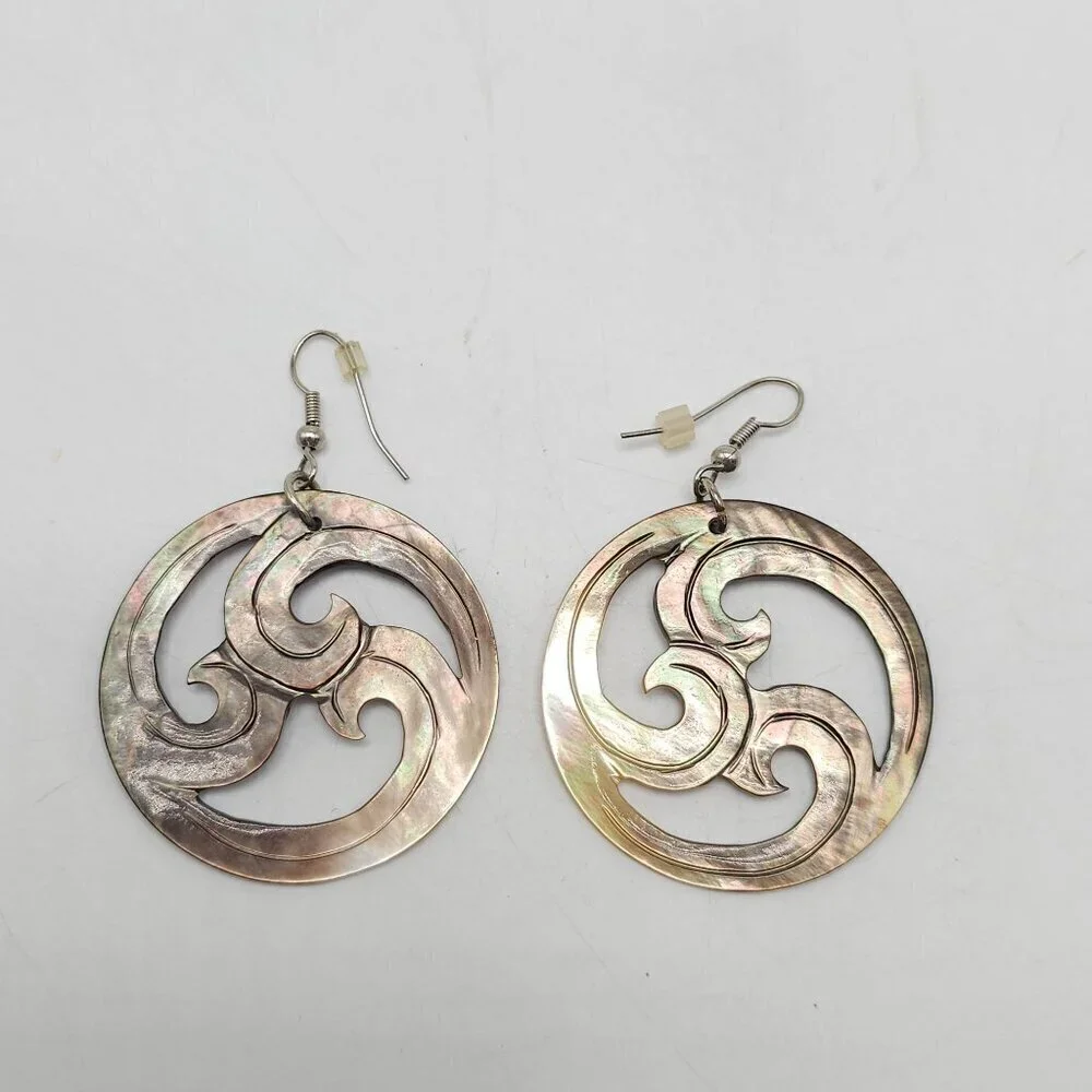Round Abalone Shell Dangle Earrings With Swirl Design Vintage